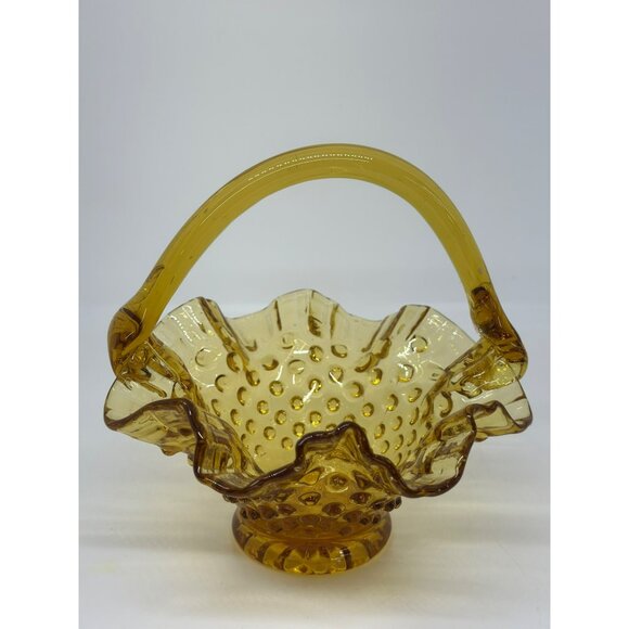VTG Glass Amber Hobnail Ruffled Edge 5.75" Candy Basket Dish Handle - Picture 3 of 6